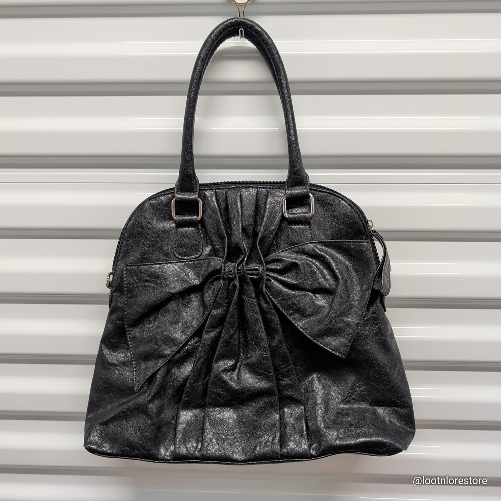 Buddha Boutique Bow Satchel Bag Black Faux Leather Large Zip Top Handbag